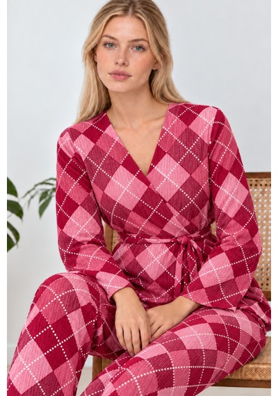 Kadın Desenli Ev Stili Kuşaklı Pembe Pijama Takımı 4808