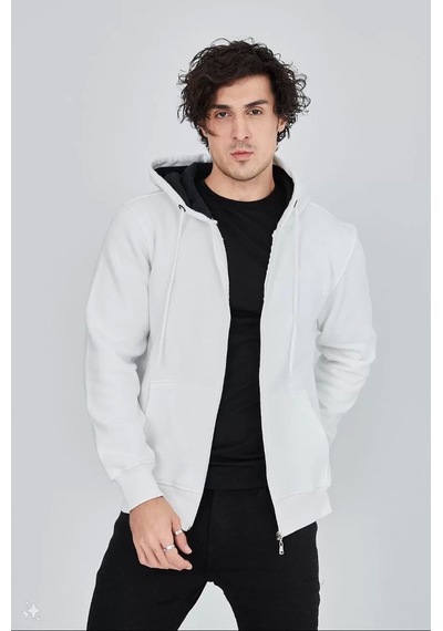 Unisex Tam Fermuarlı Kapşonlu Sweatshirt - Beyaz Beyaz