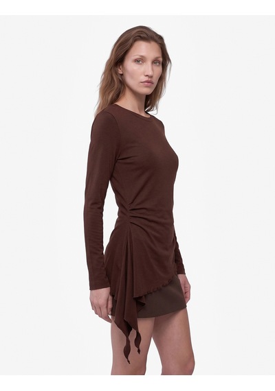 Koton Pamuklu Bisiklet Yaka Uzun Kollu Slim Fit Drapeli Asimetrik Bluz Kahverengi 7wak80255ek Kahve