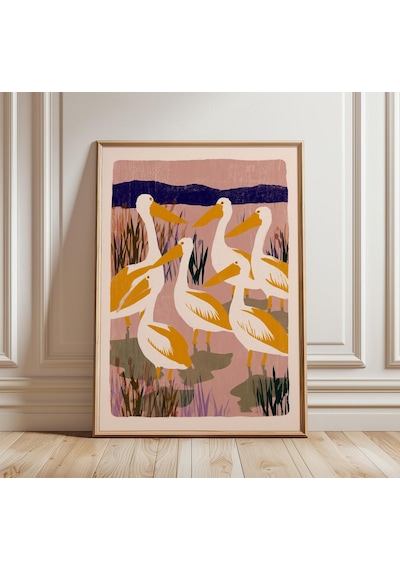 Pelikan Sürüsü Sanat Baskısı Kıyı Kuşu Duvar Dekoru Pembe Bataklık Manzarası Posteri