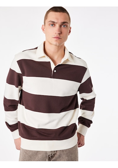 Koton Uzun Kollu Rahat Kalıp Çizgili Düğmeli Polo Yaka Sweatshirt Bordo Çizgili 7wam70058mk