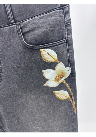 Büyük Beden Taşlı Denim Kadın Pantolon Gri