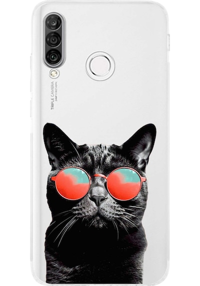 Huawei P30 Lite İle Uyumlu Kedi 3 Kamera Korumalı Şeffaf Kılıf Şeffaf
