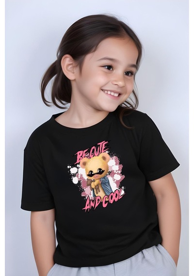 Panios Kids And Cool Baskılı Kız Çocuk Kısa Kollu T-shirt Siyah