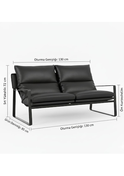 Sller Modern İkili Koltuk - Loft Tasarım Deri/kumaş Bahçe Ve Balkon Kanepesi - Metal İskeletli 130 Cm Siyah