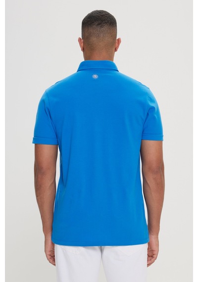 Erkek Saks Slim Fit Dar Kesim %100 Pamuk Polo Yaka Tişört Saks