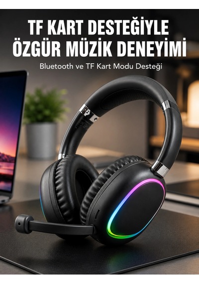 Mikrofonlu Bluetooth Kulak Üstü Kulaklık Rgb Aydınlatmalı Type-c Şarjlı