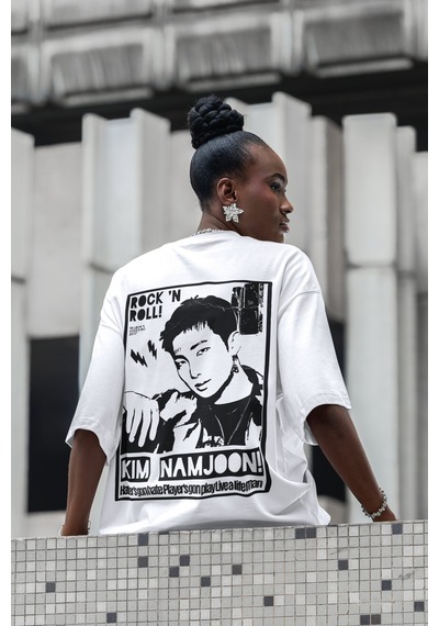 Sevbano Rock In Roll Kim Namjoon Rapper Sırt Baskılı Unisex Oversize Şark Beyaz