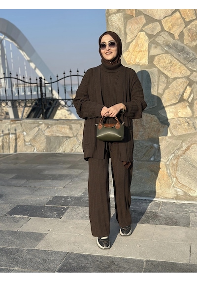 Olla Collection Üçlü Triko Takım Kahverengi Kahverengi