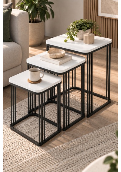 Sulorahome 3'lü Beyaz Kare Zigon Sehpa Seti Metal Ayaklı
