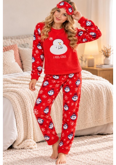 Free Beka Yılbaşı Desenli Kalın Sıcak Tutan Kumaş Kadın Pijama Takımı Ve Göz Bnadı Kırmızı Free Beka Yılbaşı Desenli Kalın Sıcak Tutan Kumaş Kadın Pijama Takımı Ve Göz Bnadı Kırmızı