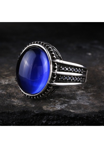 925 Ayar Gümüş Mavi Oval Taşlı Erkek Yüzük Silver