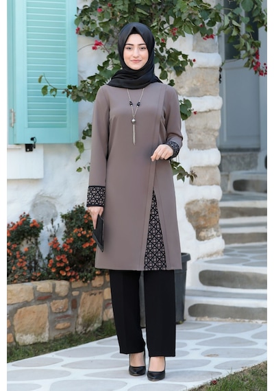 Raika Moda Lazer Kesim Detaylı Büyük Beden Tesettür Takım Vizon