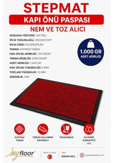 Nem Alıcı Toz Tutucu Çamur Sıyırıcı Pvc Taban Ve Pvc Bordürlü Setra Kırmızı Çelik Halılı Kapı Önü Paspası