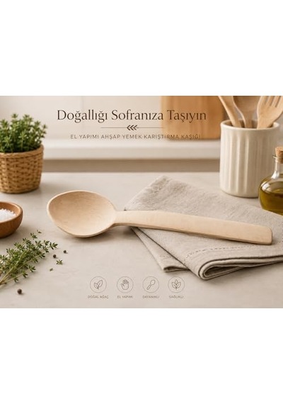Tr El Yapımı Yemek Karıştırma Kaşığı, Doğal Kayın Ağacı, Kimyasal İçermez, Dayanıklı