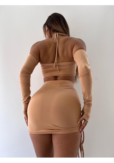 Pink Life Bej Askısız Yüksek Bel Mini Etekli Ikili Takım-Bej