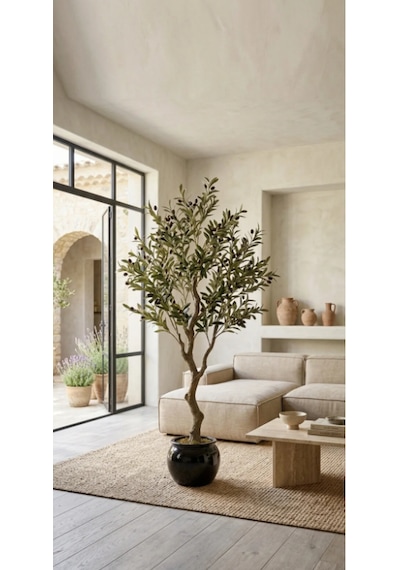 Yapay Zeytin Ağacı 200 Cm Taş Saksılı Canlı Gövdeli Dekoratif Salon Ağacı Zeytin Yeşili