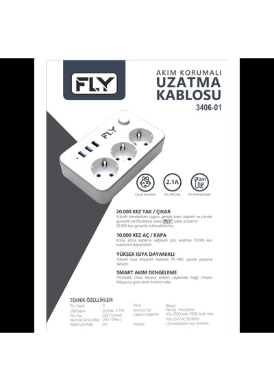 Fly 3406-01, 3 Soket, 3 Usb, Akım Korumalı Priz, 2.1a, Anahtarlı, 2mt Kablo, Beyaz