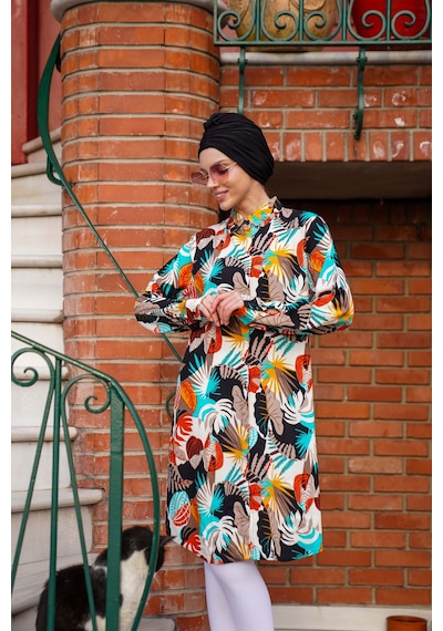 Polologin Butik Canlı Renkli Tropikal Desenli Tunik Turkuaz Turuncu Beyaz