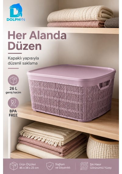 Jute Çok Amaçlı Sepet 3 Lü Set 1,5 L 2,5 L 5 L Plastik Mutfak Banyo Dolap İçi Düzenleyici Mor