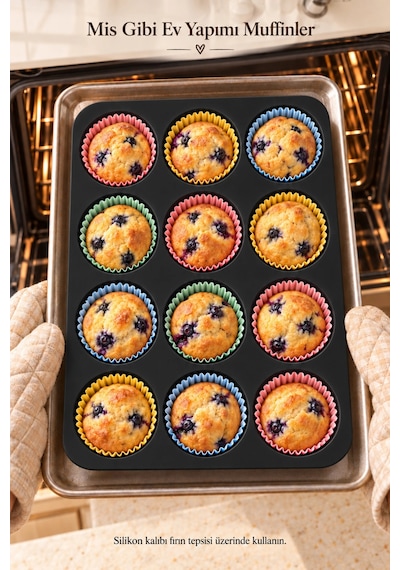 Tilbe Home Tilbe Home 12'li Silikon Muffin Kalıbı Yapışmaz Cupcake Kek Kapsül Brownie Mutfak Fırın T Siyah