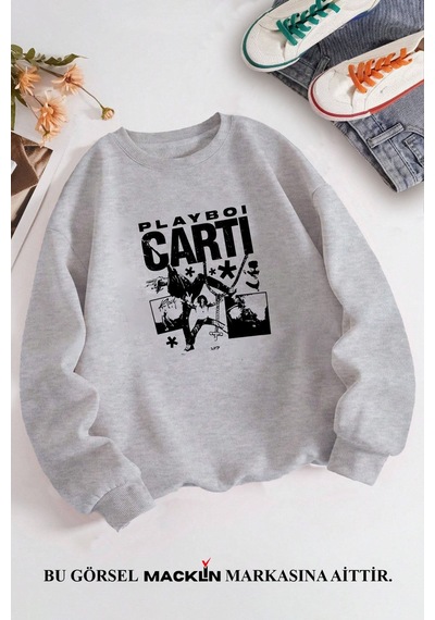 Macklin Unisex Kadın Erkek Playboi Carti Özel Tasarım Baskılı Bisiklet Yaka Sweatshirt Gri Mck1307 Gri