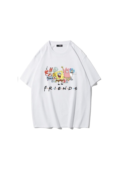 Brz Collectıon Brz Collection Unisex Oversize Sunger Bob Friends T-shirt Beyaz