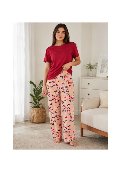 Mixxtrend Kadın Pamuklu Kiraz Desenli Pijama Takımı Kırmızı
