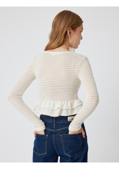 Koton Crop Hırka Örgü Düğmeli Fırfır Detaylı Bisiklet Yaka Bej 5wal90022ık Ekru