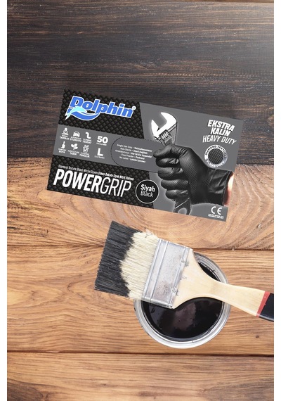 Dolphin Nitril Powergrip Ekstra Kalın Elmas Dokulu Eldiven Siyah Large Büyük Boy - 50'li Paket