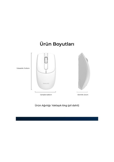 Philips Uyumlu  Spk7398w Kablosuz 1600dpı Sessiz Optik Mouse Beyaz Diğer