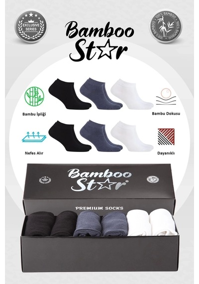Bamboo Star Bambu Erkek Patik Düz Asorti Dikişsiz Çorap Premium Kutulu 6'lı 2 Beyaz - 2 Siyah - 2 Füme Siyah - Beyaz - Füme