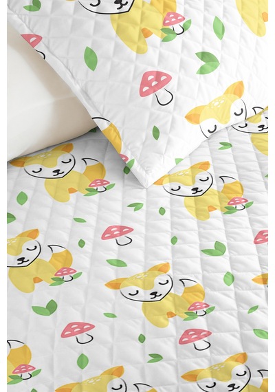 Evimde Bambaşka Sarı Tilki Çocuk Odası Tek Kişilik Pike Takımı - Orman Temalı Yeşil 160x220  CM Kapitone Yatak Örtüsü