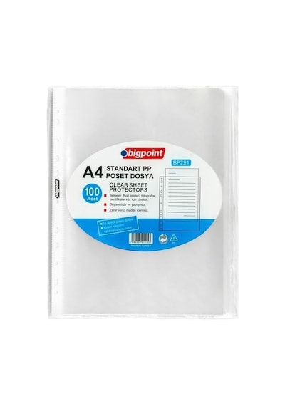 Bigpoint Poşet Dosya, 60 Adet A4 Kapasiteli, Klasör İçi Şeffaf, 100'lü 0.75 LT - 2.5 LT - 12 KG