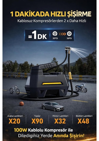 100w 150 Psı Kablolu Hava Kompresörü Dijital Ekranlı Hızlı Lastik Şişirme Pompası 12v