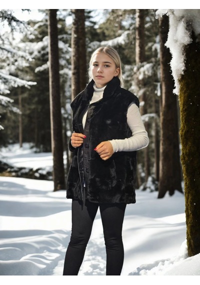 Ertaştrendstore Kadın Premium Doğal Kürk Kolsuz Yelek - Siyah Çok Renk