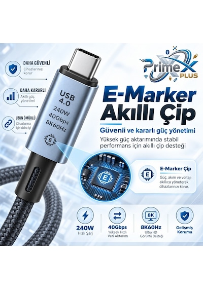 Primex Px-pd240w-2 Usb4 Type-c To Type-c Kablo 2 Metre, 240w Pd Hızlı Şarj, 40gbps Veri Aktarımı, 8k 60hz Görüntü, E-marker Çip, Thunderbolt 3/4 Uyumlu Usb-c Kablo