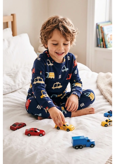 Zuzunga Araba Desenli Pamuk Süprem Kumaş Erkek Bebek - Çocuk Pijama Takımı Lacivert
