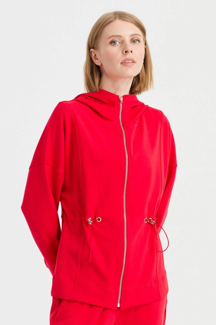 Kadın Kapüşonlu Beli Büzgülü Sweat Kırmızı Kırmızı