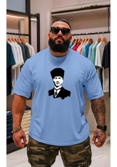Atatürk Baskılı Oversize Unisex Tişört Bebe Mavisi