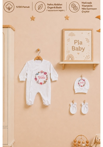Pia Baby Kız Bebek İsimli %100 Pamuk Hastane Çıkışı 6 Parça Tulum Şapka Eldiven Hediye Seti 2098tybk3x Krem