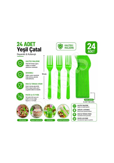 Parti Çatalı Lüks Plastik Yeşil 24 Adet