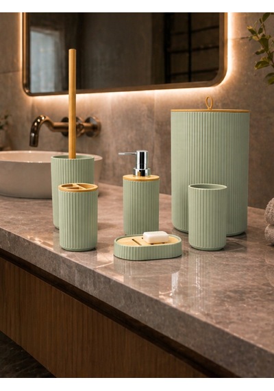 6 Lı Banyo Seti Sabunluk Diş Fırçalık Sıvı Sabunluk Çöp Kovası Tuvalet Fırçası Organizer Yeşil