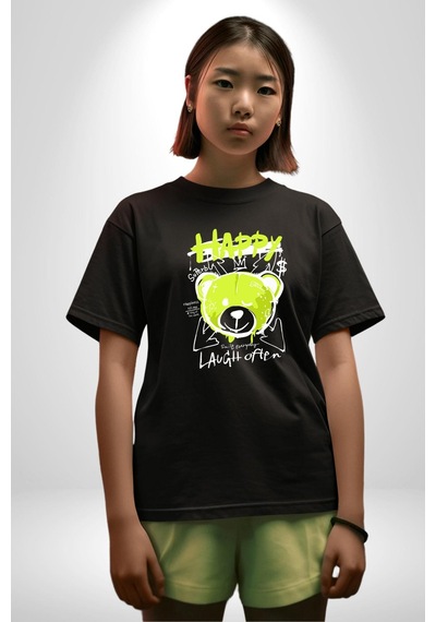 Sık Sık Mutlu Gülmek Teddy Bear Pamuklu Bisiklet Yaka Unisex Oversize Boyfriend Dijital Baskılı Siyah T-shirt Siyah