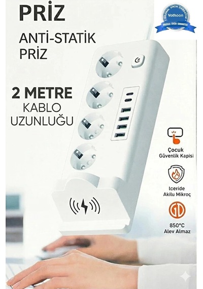 Akım Korumalı Priz Ve Masaüstü Şarj İstasyonu Kablosuz 4 Priz ,4 Usb, 2 Type-c Girişli 2 Metre 1