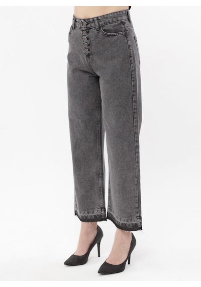 Kene Jeans Kadın Füme 5 Düğme Detaylı/ Paça Söküm Bol Paça Kot Pantolon Siyah