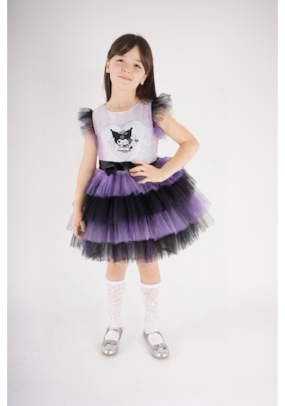 Miniko Kids Kız Çocuk Kuromi Modelli Tül Tütü Etekli Elbise Lila