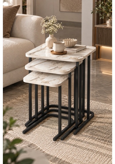 Sulorahome Ekru Mermer Desenli 3'lü Zigon Sehpa Seti Metal Ayaklı
