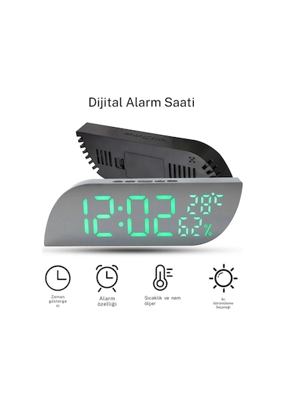 Usb Ve Pille Çalışan Ayna Ekranlı Dijital Masa Saati Alarm Termometre Nem Ölçer Masaüstü Pilli Saat Siyah