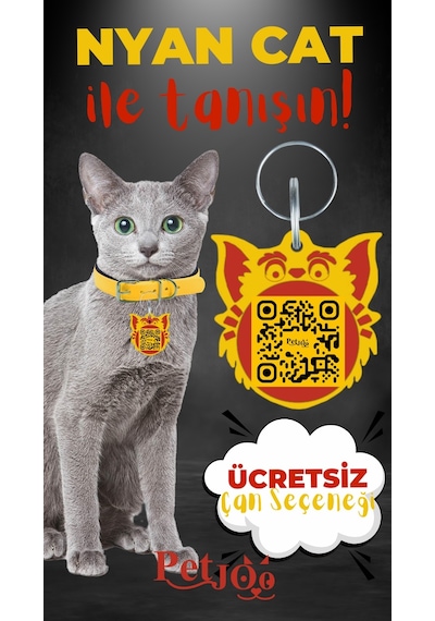 Petjoo 2.Nyan Cat Kırmızı-Sarı Qr'lı Kedi Künyesi